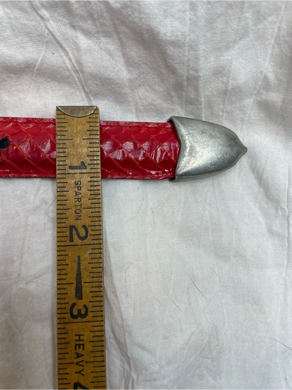 Vintage CIA Genuine Red Snakeskin Belt USA Sculptural Pewter Buckle Small